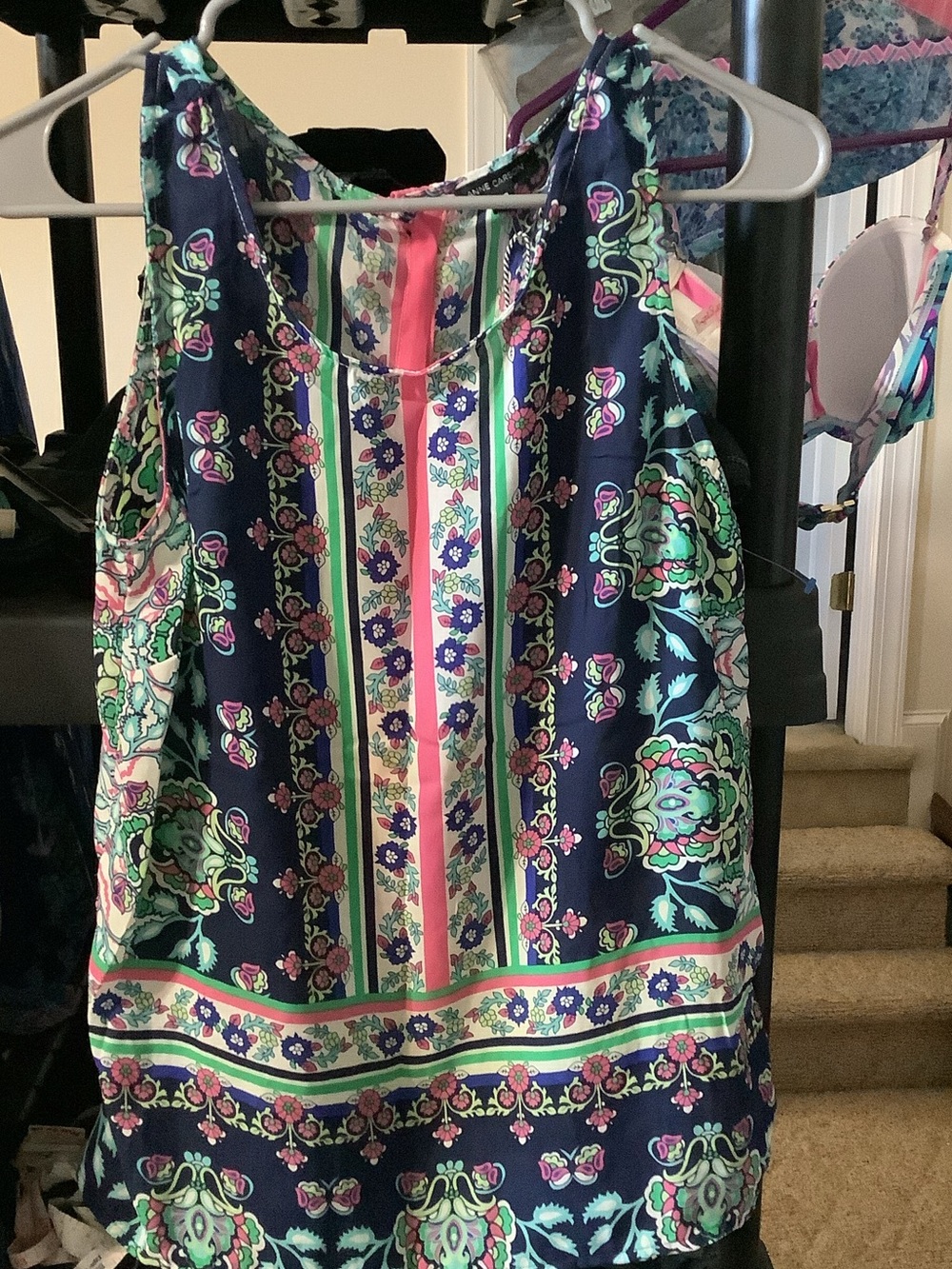 Anne Carson Navy Floral Print Tank Top with Pink and Mint Accents